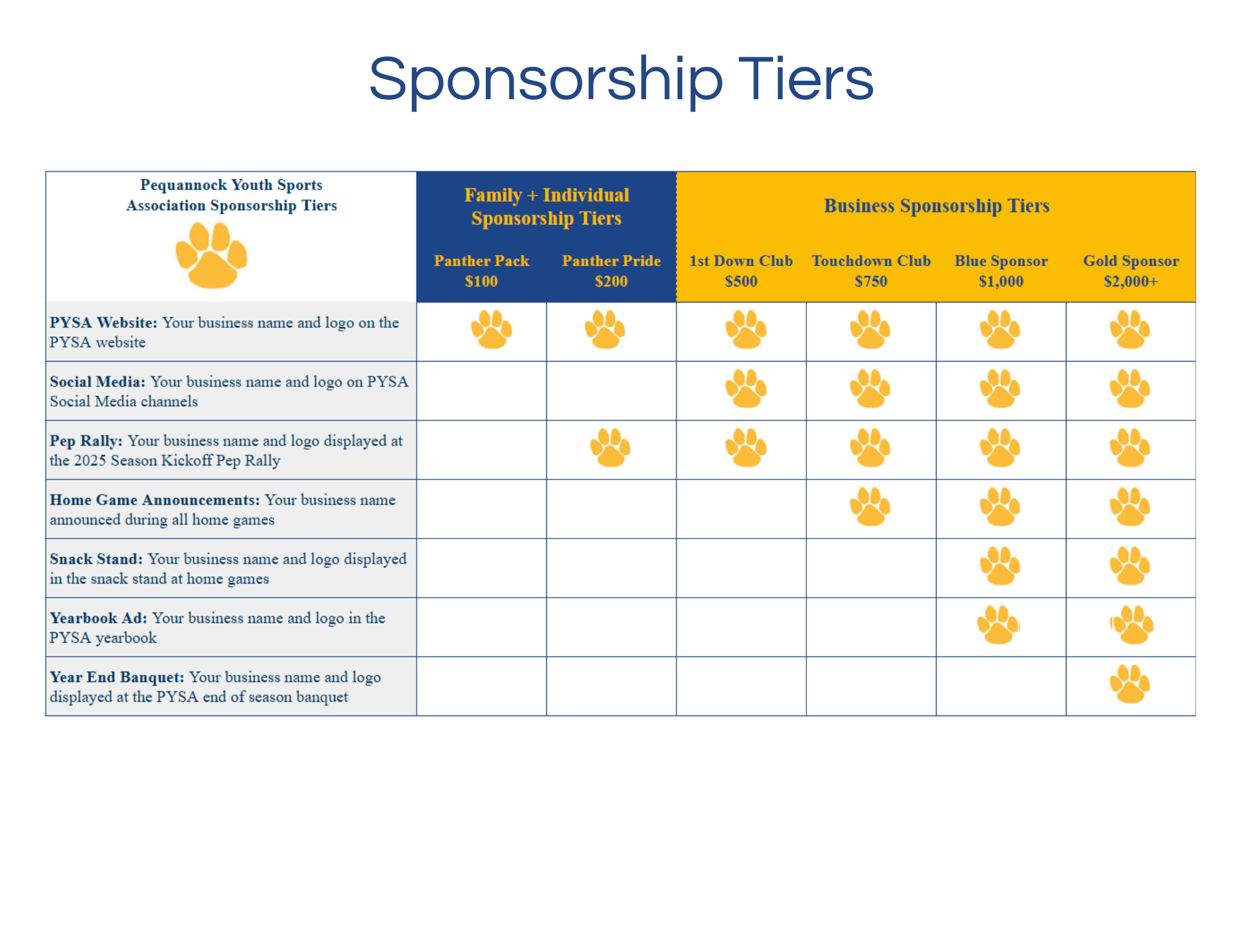 PYSA Sponsor Tiers
